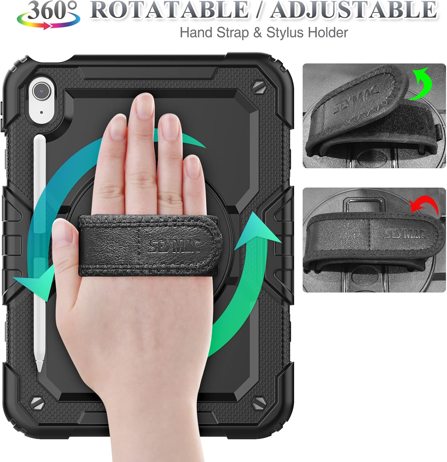 SEYMAC stock Case for iPad (A16) 11th/10th Generation 11''/10.9'' 2025/2022, Full-Body Drop Protection Case with Screen Protector &360° Rotate Hand Strap/Stand, Black - Image 2