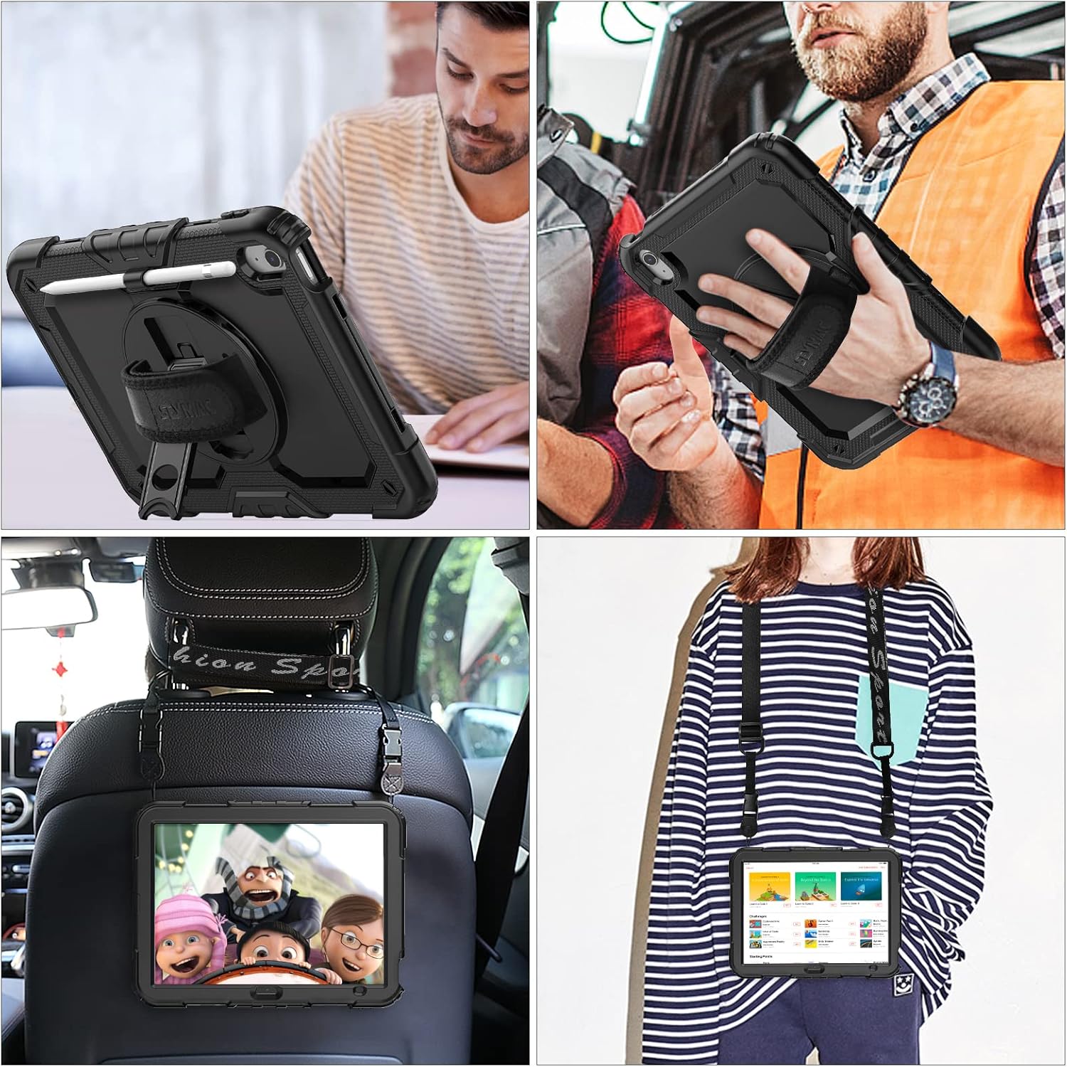 SEYMAC stock Case for iPad (A16) 11th/10th Generation 11''/10.9'' 2025/2022, Full-Body Drop Protection Case with Screen Protector &360° Rotate Hand Strap/Stand, Black - Image 4