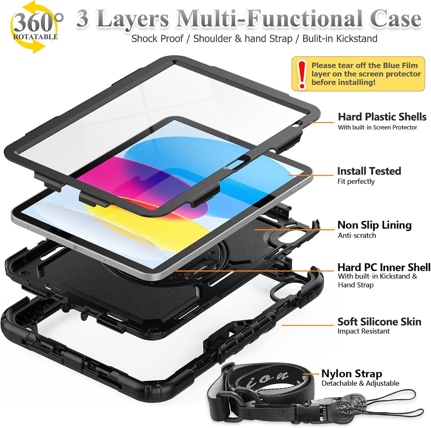 SEYMAC stock Case for iPad (A16) 11th/10th Generation 11''/10.9'' 2025/2022, Full-Body Drop Protection Case with Screen Protector &360° Rotate Hand Strap/Stand, Black - Image 5